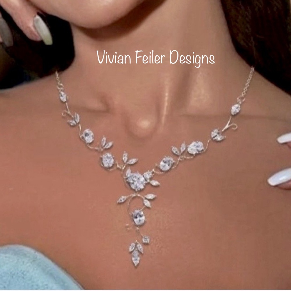 Bridal Necklace Earrings SET Floral VINE OVAL Leaf Wedding Jewelry Set Silver